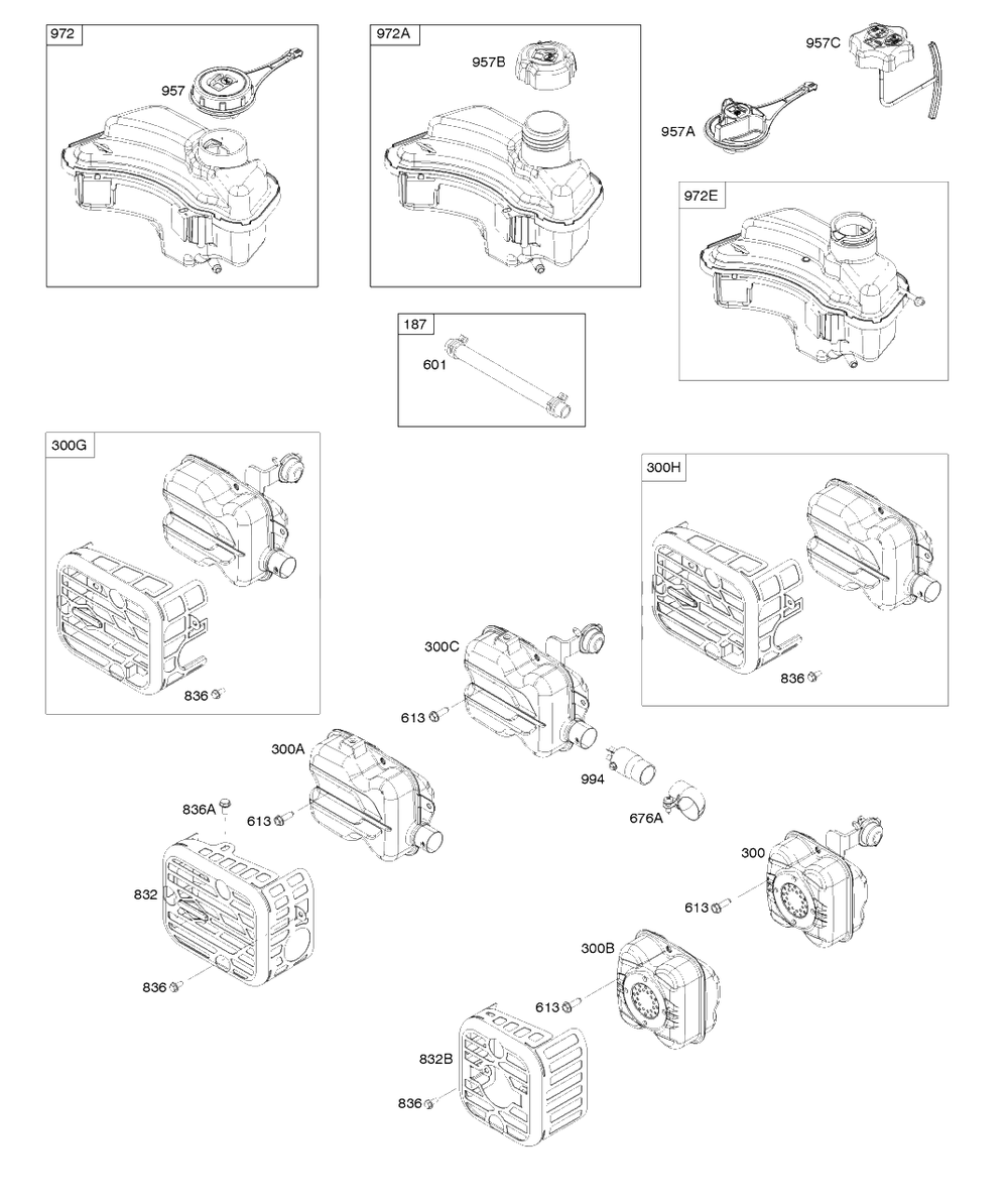 Exhaust System, Fuel Supply Diagram and Parts List for 9P702-0188-H1  Briggs and Stratton Engine